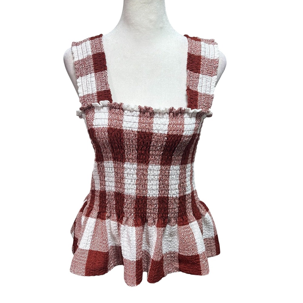 Loft Red Gingham Smocked Peplum Tank Top Square Neck Ruffle Womens Small #557
